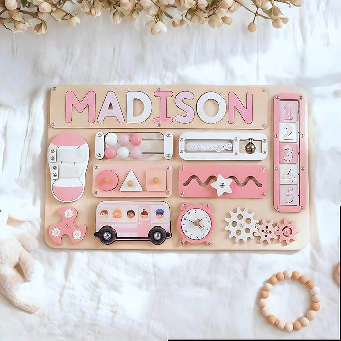 Personalized Large Busy Board for Toddlers - Montessori Busy Board - Montessori Toys for 1 Year Old Baby Boys Girls - Sensory Toys for Toddlers 1-3 - Peronalized Baby Gift