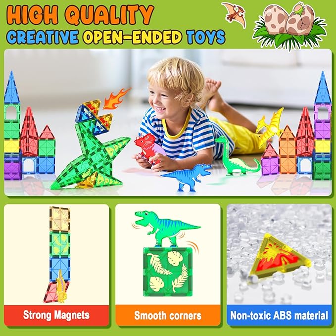 Coodoo Dinosaur Toys Magnetic Tiles - Magnet Building Blocks for Toddler Kids Toys STEM Sensory Outdoor Toy for 3+ Year Old Boys and Girls, Dinosaur World Creative Games Kids