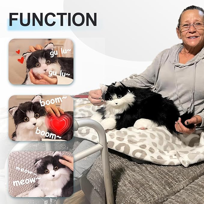 Chongker Interactive Companion Robot Cat Pets, Handmade Weighted Stuffed Animals, Cat Plush Toy with Voice Response, Realistic Heartbeat and Purring, Black Cat