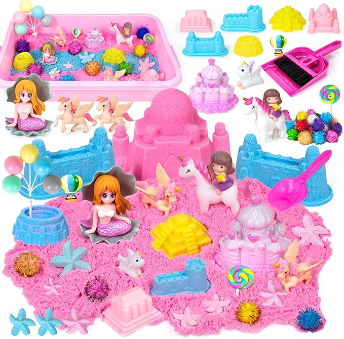 Sensory Bin, 47Pcs Unicorn Sandbox with Lid Play Sand Art Kit for Toddlers Sensory Toys with Magic Sand, 4 Unicorns, Moulds, Castle, Mermaid, Cleaning Tools- Gift for Kids 3 4 5 6 7 8