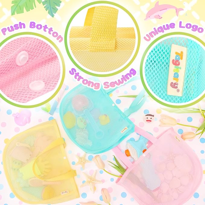 Tagitary Beach Toy Mesh Beach Shell Bags for Kids, Sand Toys Kids Beach Essential Treasure Bag Swimming Pool Bag Beach Gift for Boys and Girls(Only Bags,A Set of 3)