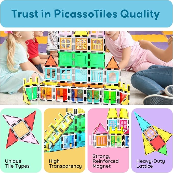 PicassoTiles Magnetic Tiles 61 Piece Magnet Tile Building Blocks Construction Sensory Toy Set with Carry Bag Storage Bin Container STEM Toddler Learning Educational Pretend Play Boy Girl Ages 3+ PT07