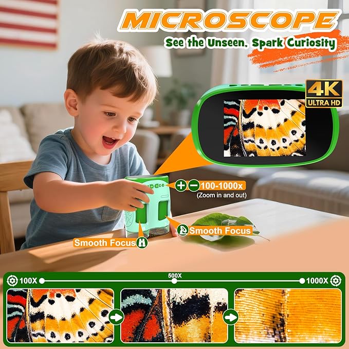 Portable Microscope Toy for Kids : 3-in-1 Camera and Telescope Toy with 6 Slides, Perfect for Indoor Outdoor Exploration, Pocket Edu Christmas Birthday Gifts for Age 3-12 Children Students