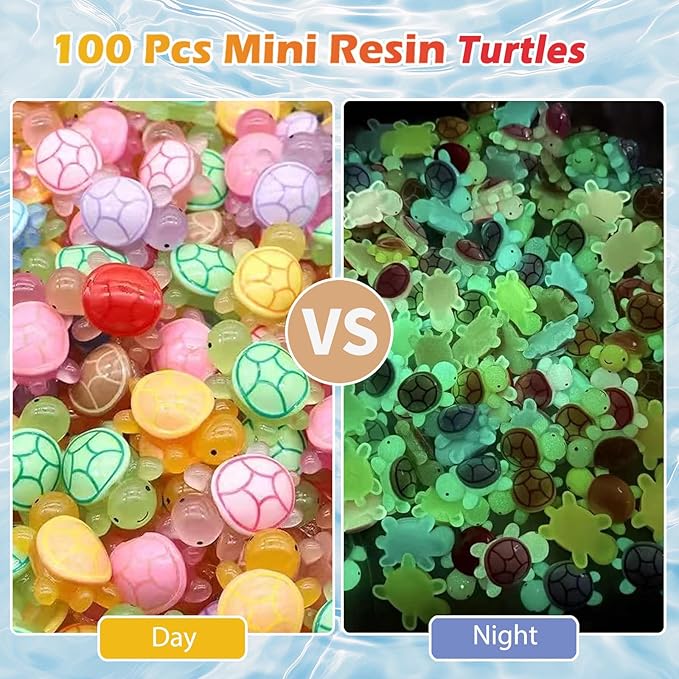 100 Pcs Mini Turtle Blind Bags for Kids - Glow in The Dark Resin Turtles Collectible Sea Turtle Toys for Party Favors, Treasure Hunt Games Dollhouse Decor, Mini Garden Landscape, Cake Toppers