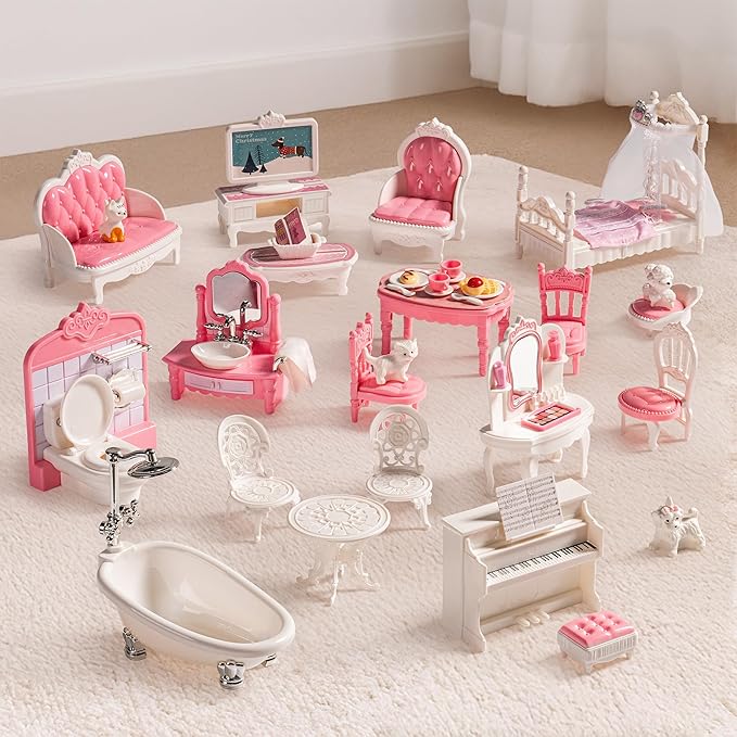 ROBOTIME 26PCS Dollhouse Furniture Set for Kids – Realistic Dollhouse Accessories with 5 Rooms: Living Room, Bedroom, Bathroom, Dining Room & Balcony, for Girls & Boys Ages 3+