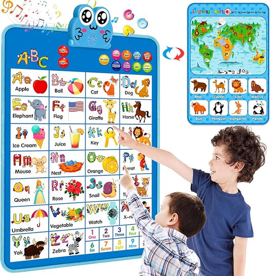 Electronic Interactive Double-Sided Alphabet Wall Chart, Talking ABC & 123 & Music & Learning Poster, Educational Toddlers Toys for Ages 3-4 Kids Gift, Best for Preschool Boys & Girls(Blue)