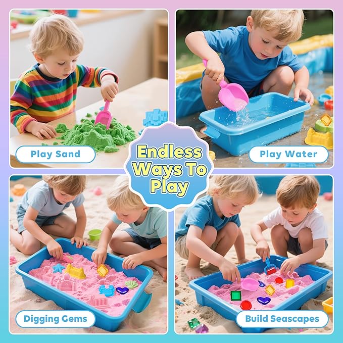 Ocean Sensory Bin, Play Set with 2 Color Moldable Sensory Sand, Magic Sand Art Kit with Sandbox, Sensory Beach Toys for Toddlers Kids, Christmas Birthday Gift for Boys Girls Age 3 4 5 6 7 8