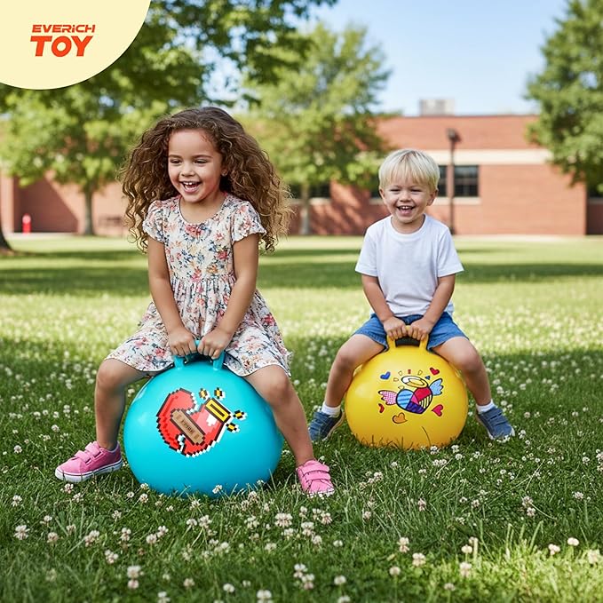 EVERICH TOY 2-Pack Hopper Ball for Kids, 18In Hippity Hop Balls, Yellow & Blue Bouncy Ball with Handle, Indoor Outdoor Inflatable Hopping Toy sfor Girls Boys Gift with Pump