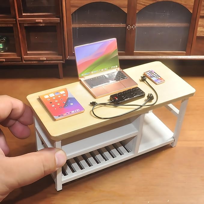 Miniature Electronics Set for Dollhouses: 1:6 Scale Metal Smartphone, Tablet, Laptop & Socket - Doll Accessory Compatible with 1:12 Scale Miniatures - 5 Color Variants (RoseGolden)