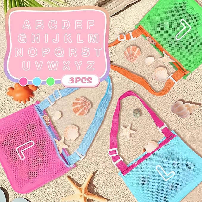 3Pcs Personalized Kids Beach Shell Bag, Initial Seashell Mesh Zipper Beach Pouch, Shell Collecting Bag for Holding Shells with Adjustable Straps, Sand Toys Swim Pouch Gift for Girl Boy Teens(Letter L)
