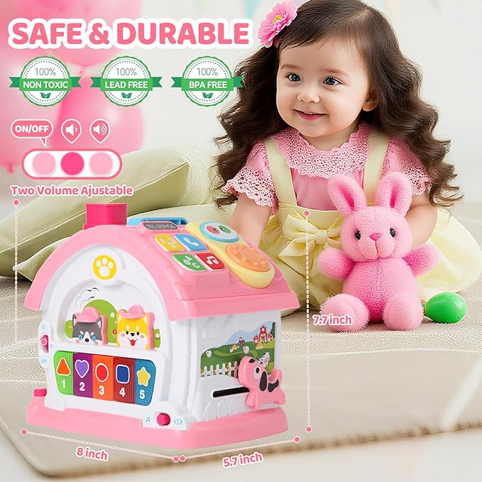 1 2 Year Old Girls Montessori Musical Learning House Toys,First Birthday Gifts for Baby Girls,Pink Bilingual Educational Toy for Toddlers Age 1-3