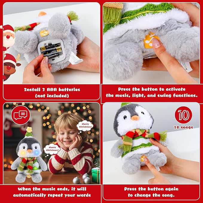 Christmas Penguin Plush Interactive Toy, Dancing Singing Repeating Light up Penguin Stuffed Animal, Animated Christmas Plush Musical Holiday Decorations for Kids Boys Girls Gifts