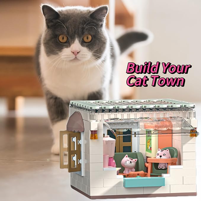Koko's Cat Town DIY Miniature House Kit,Tiny House Living Room Building Kit,Purrfect Dollhouse with 255PCS,Cat Toys Gift for Teens Kids Ages 3+,Dollhouse for 3 and up
