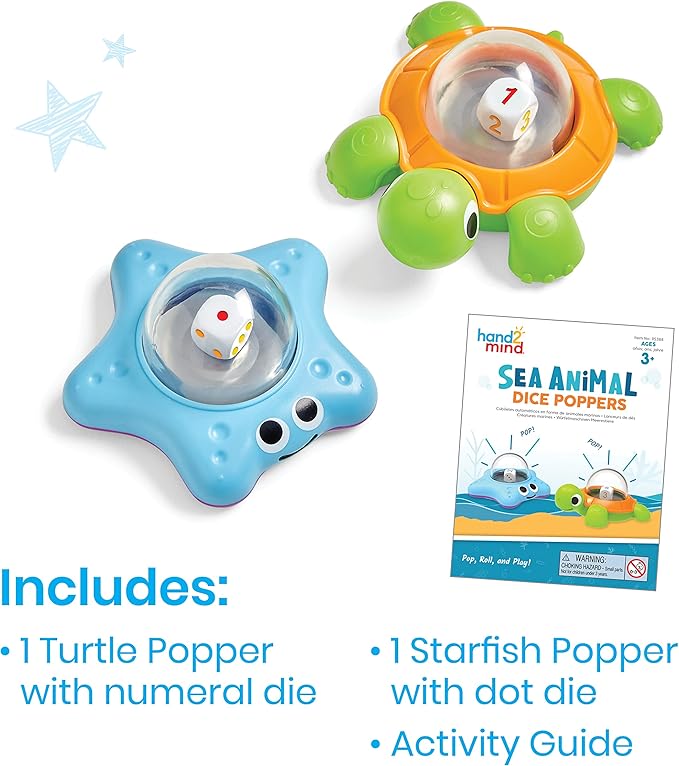 hand2mind Sea Animals Dice Poppers, Math Dice Popper, Game Replacement Dice Roller, Dice Games for Kids, Board Game Accessories, Family Game Night, Kids Travel Activity, Fun Classroom Games (Set of 2)