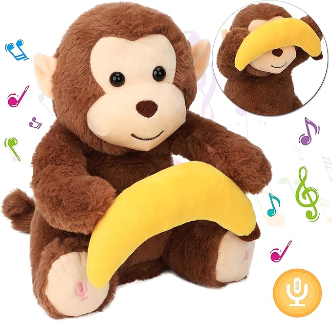 Hopearl Peek A Boo Monkey with Banana Interactive Repeats What You Say Plush Toy Musical Singing Talking Stuffed Animal Adorable Electric Animate Birthday Festival, Brown, 11''