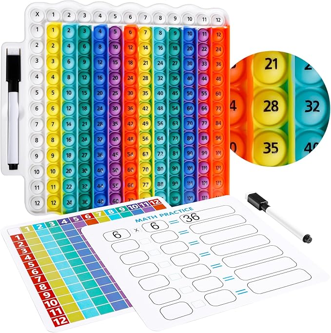 Educational e1 Multiplication Table pop Fidget Toy Rainbow Colors with Dry Erase Marker Stress Relieving Toy Memory Addition Game 3rd Grade pop 12x12 Rainbow Toy Board Math manipulatives