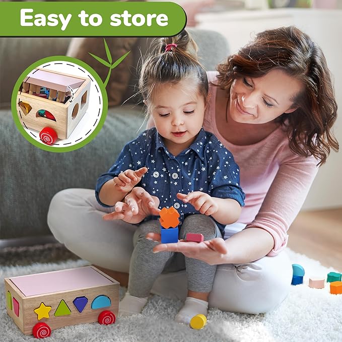 Montessori Wooden Shape Sorter Toy - Shape Stacking Blocks for Toddlers 1-3, Sensory Toys with 6 Pieces