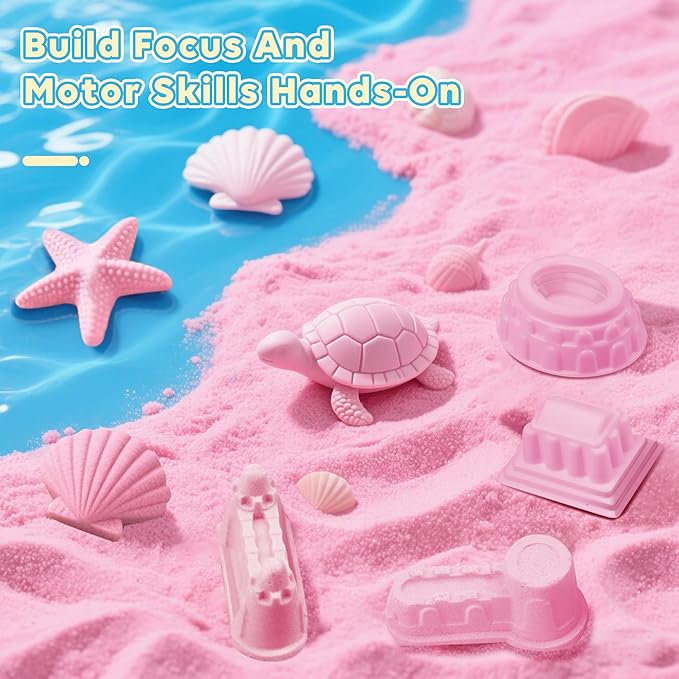 Ocean Sensory Bin, Play Set with 2 Color Moldable Sensory Sand, Magic Sand Art Kit with Sandbox, Sensory Beach Toys for Toddlers Kids, Christmas Birthday Gift for Boys Girls Age 3 4 5 6 7 8