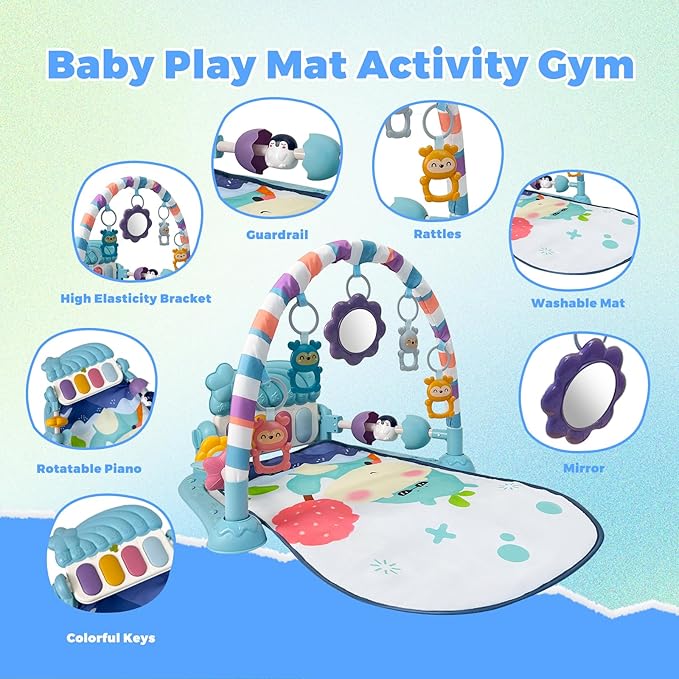 Baby Tummy Time Play Mat, Kick and Play Piano with Music and Light, Activity Gym Center for Newborn Babies Infants Boys Girls 0-3-6-9-12 Months (Blue)