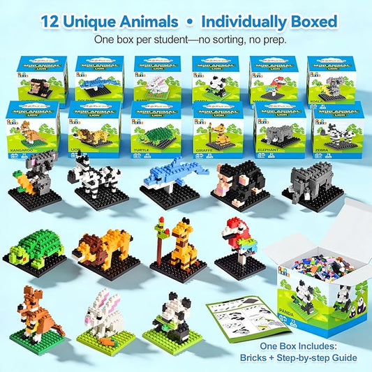 FUN LITTLE TOYS Mini Animal Building Blocks – 12 Pack, No Duplicates, Individually Boxed Zoo Sets for Kids 6-12, Party Favors, Classroom Prizes, Goodie Bag Stuffers & Easter Egg Fillers