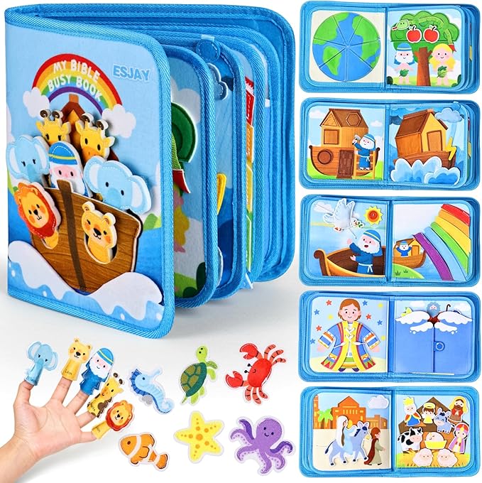 Esjay Busy Board Bible Busy Book for Toddlers, Montessori Toys 1 2 3 Year Old Toddler Baby, Noah's Ark Toy Baptism Birthday Gifts for Boys Girls, Learning Educational Activity Book for Travel Airplane