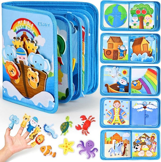 Esjay Busy Board Bible Busy Book for Toddlers, Montessori Toys 1 2 3 Year Old Toddler Baby, Noah's Ark Toy Baptism Birthday Gifts for Boys Girls, Learning Educational Activity Book for Travel Airplane