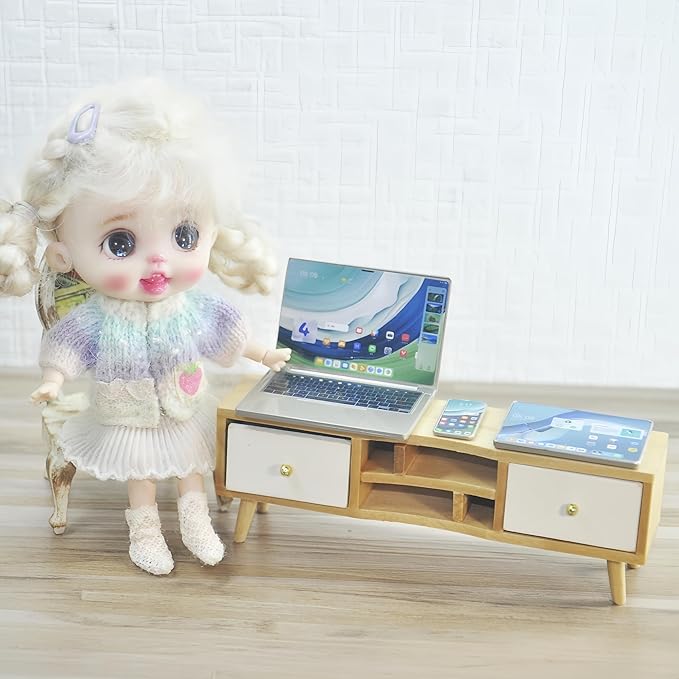 Dollhouse Decoration Miniature Accessories Dollhouse Worlds Smallest Computer Laptop Tablet Phone Simulation Accessories for Doll 1:6 1:12 Miniatures Play Set (Titanium Colour)