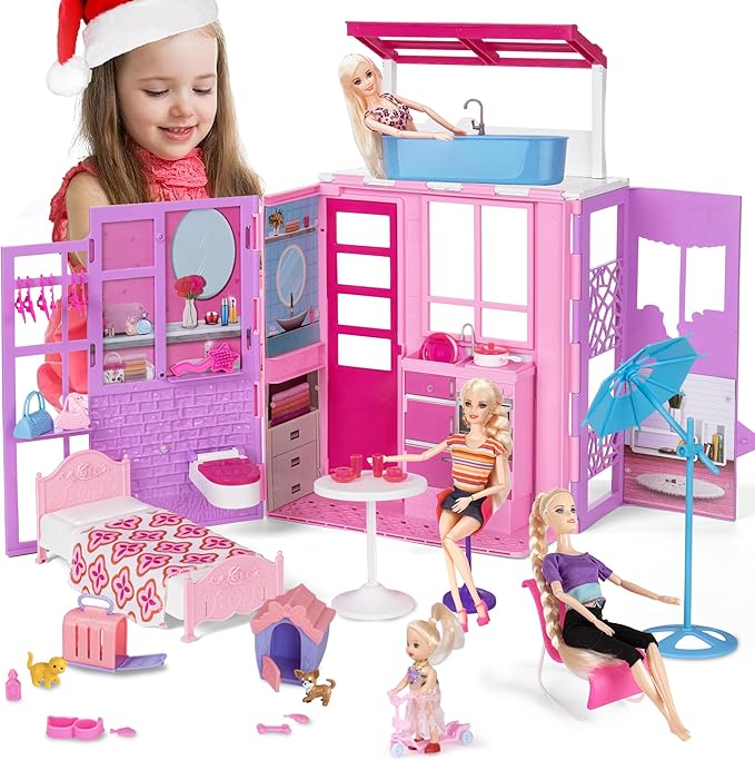 BETTINA Foldable Doll House for 12'' Dolls, 2-Story Dollhouse W/ Loft,Pets Rooms, 40+ Pcs Dollhouse Furnitures & Accessories, Space Saving Playhouse Birthday Xmas Toys Gifts for Girls 3 4 5 6 7 8+