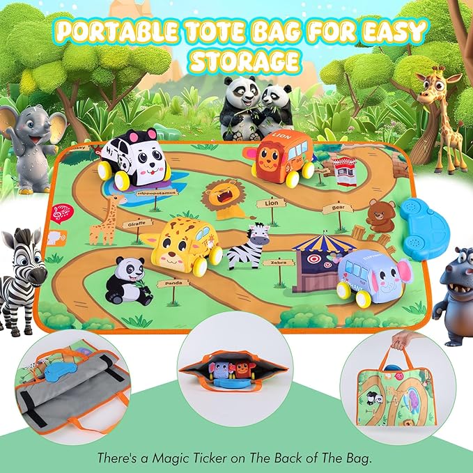 New Pull Back Vehicle & Music Mat Set, Soft Baby Toy Set with 4 Cute Animal Cars and Touch Play Blanket, New Interactive Mode, Folding and Storage 2-in-1, First Birthday Gifts for Toddler Toys 1-3