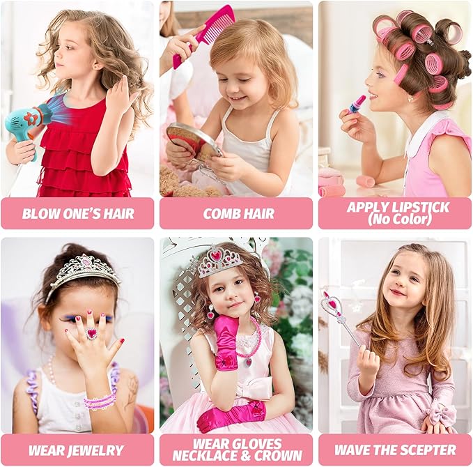 VViN Kids Vanity Set for Girls with Light & Music, Princess Vanity Table with Stool, Pretend Makeup Dresser with Crown, Scepter, Gloves & Jewelry Accessories, Toys for 3 4 5 Year Old