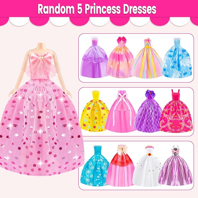 110 Pcs Doll Clothes and Accessories Dress up Toys for Girls with Wedding Dresses, Casual Dresses, Casual Jumpsuit, Swimsuits Bikini, Glasses, Shoes, Hangers, Doll Clothes Toys for Girl Gift