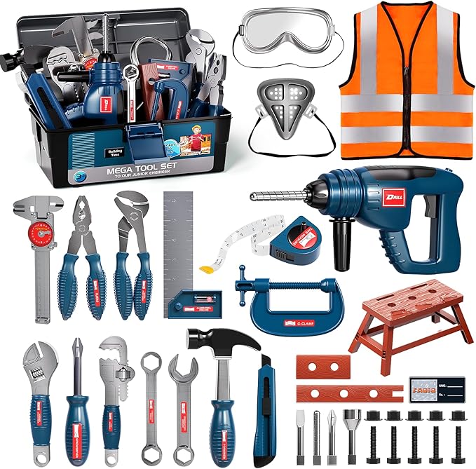Deejoy Tool Set with Tool Box & Electronic Toy Drill, Pretend Play Kids Construction Kits for Kids Ages 3-5 Years Old, Toddler Boy Toys (Blue)