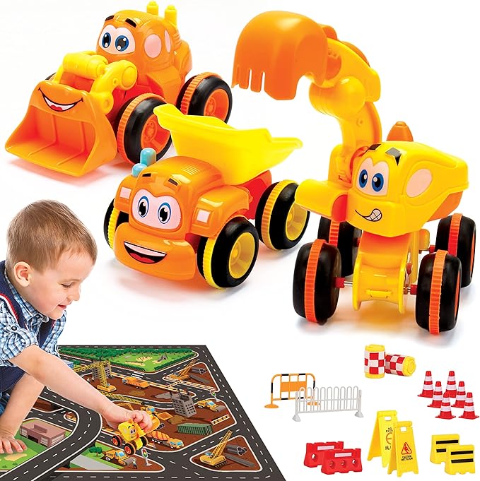 MOBIUS Toys Cartoon Builders Truck Set with Playmat & 16 Accessories – 3-Pack Push & Go Construction Vehicles for Toddlers Ages 2–5 – Dump Truck, Mixer, Bulldozer & Excavator, Gift Playset