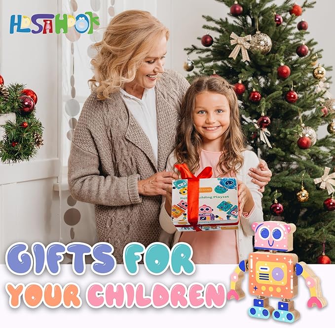 Wooden Snap Together Building Toys, STEM Blocks Toys, 28 Pcs Robot Take Apart Toys Playset, Montessori Educational Fine Motor Skill Toy, Gift for 3 4 5 6 7 8 Years Old Kids