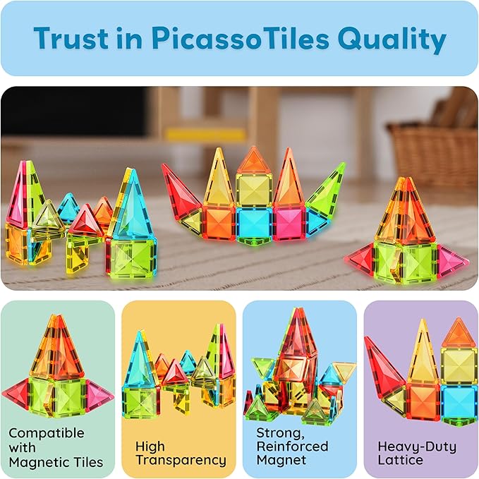PicassoTiles Magnetic Tile 24pc Mini Diamond Magnetic Building Blocks Set Travel Size STEM Educational Construction Toy Portable Hands On Learning Creative Open Ended Play for Kids Ages 3 Plus PTM24