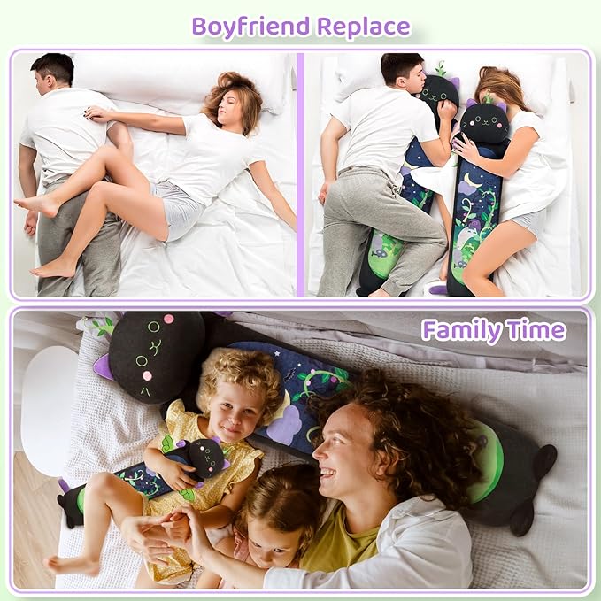 Mewaii Long Cat Plush 5 Sizes, 120% Extra Filling Giant Plushness Kids Body Pillow, Kawaii Cute Black Cat Stuffed Animals Plushies, Big Long Body Pillow Black Cat Plush Gift for Girls 44”