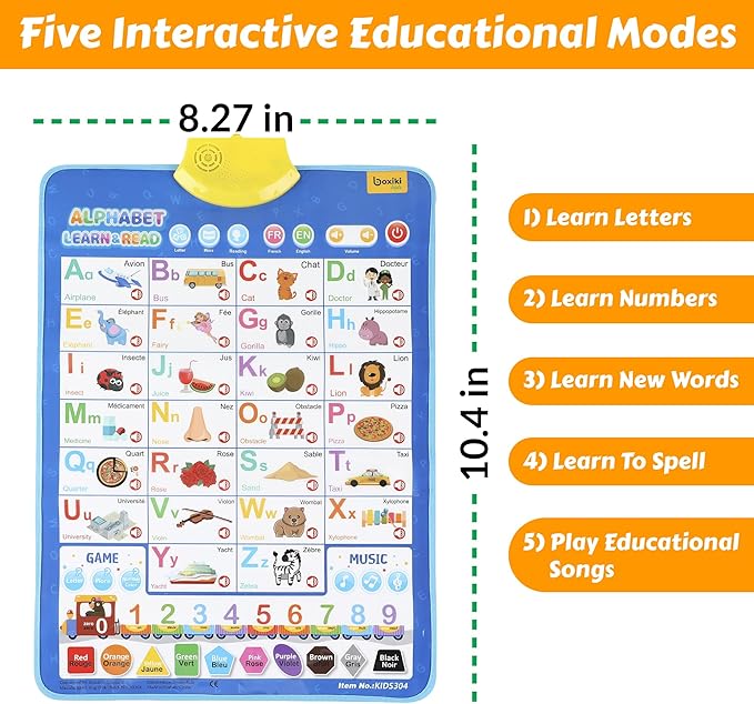 Bilingual English & French Learning Interactive Alphabet Wallchart - Includes Talking ABC, 123s & Music Poster - Educational Kids Learning Toy, Educational Gift for 3+ Years Old Girls & Boys