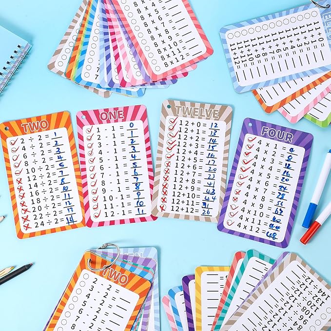 4 Packs of 49 Pcs Multi Math Flash Cards, Addition, Subtraction, Multiplication, & Division Flashcards with 2 Dry Erase Markers 4 Rings Math Games
