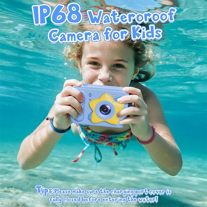 Underwater Camera, 48MP 5FT Waterproof Digital Camera with 32GB Card, Autofocus Floatable Waterproof Camera with HD Screen, 8X Digital Zoom, for Kids Water Park, Swimming (Star Style, Blue)