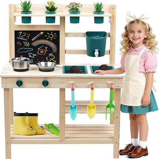 Kids Mud Kitchen Toy, Cedar Wood Outdoor Kitchen with Removable Sink, Planting Area, Simulated Stove, Double-Sided Chalkboard, and Storage Space | Backyard Role-Play Toy | Ages 3+