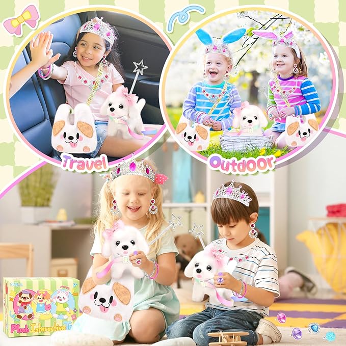 Plush Dog Toys for Kids with Crossbody Bags Princess Jewelry, Robot Puppy with Leash Walking Barking, Pretend Play Dress Up Interactive Stocking Stuffers for Toddler Girl Toys Birthday Gifts