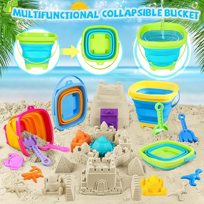 Beach Toys, 40Pcs Sand Toys with 4 Beach Construction Vehicles, 4 Collapsible Beach Bucket, Sand Castle Building Kit, Sand Molds, Shovel Set, Mesh Bag, Summer Outdoor Toys for Kids Ages 4-8