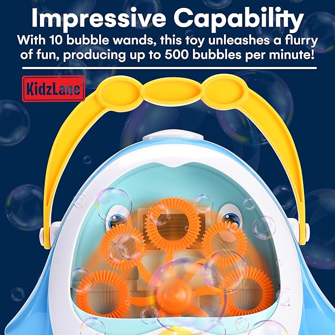 Kidzlane Penguin Bubble Machine for Kids - Made of Durable Plastic - Blows 500 Bubbles Per Minute, Quiet Low Sound Motor - No-Spill Bubble Maker for Kids - 3 Years Up
