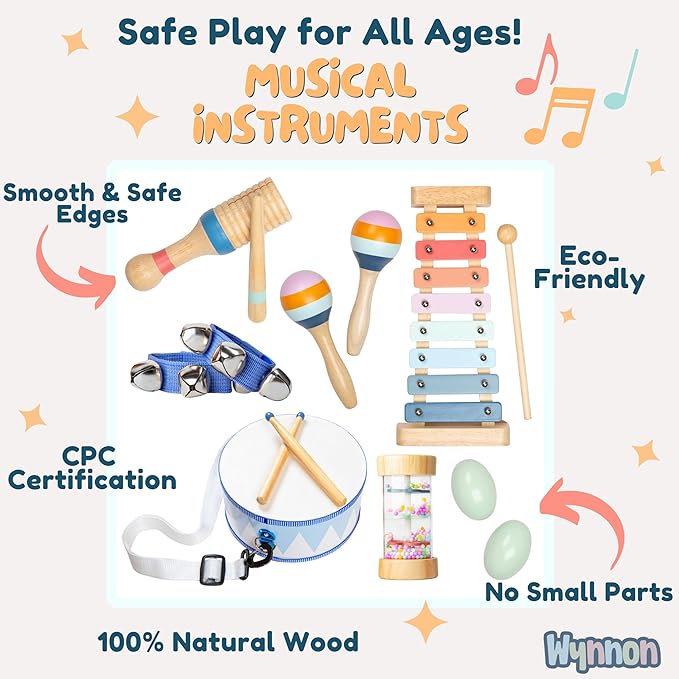 Baby Wooden Musical Instruments Set -7 PCS Montessori Percussion Toys for Toddlers & Kids - Safe Natural Wood Waldorf Toys for Hand-Eye Coordination, Sensory Play & Screen-Free Family Fun