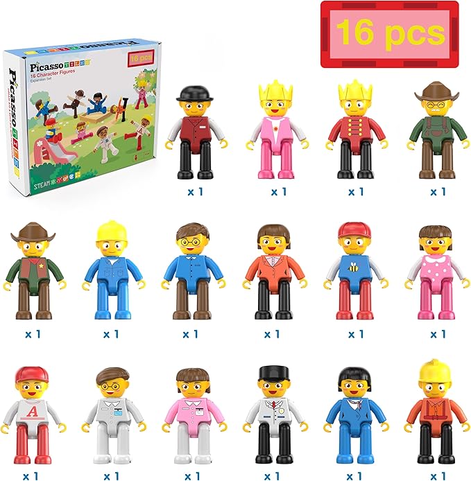 PicassoTiles 16pc Magnetic Character Figures Expansion Set Toddler Style People Compatible with Magnet Tile Building Set STEM Educational Construction Toy for Kids Pretend Play Creative Learning PTA08