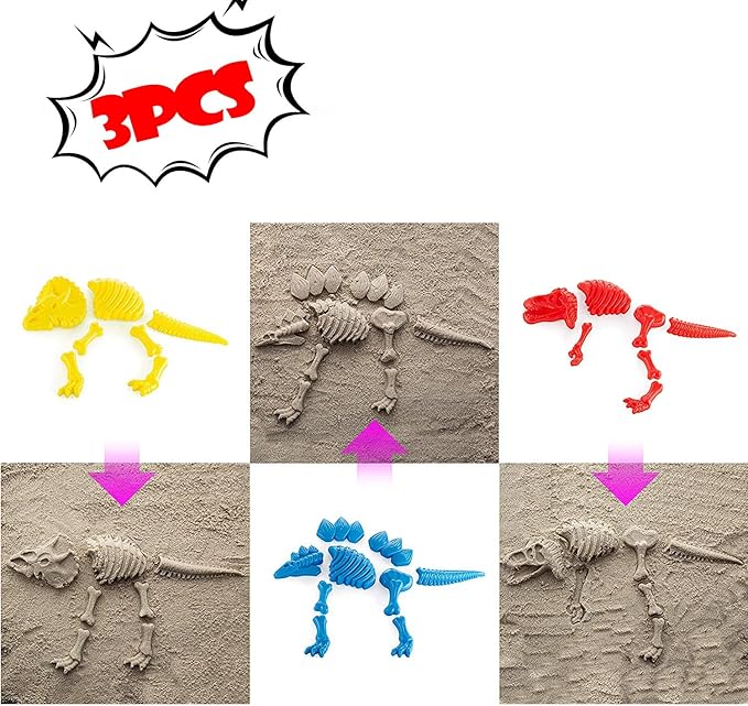 Liberty Imports 3 Pack Large Dinosaur Fossil Sand Molds Beach Toy Set with Rake and Shovel for Kids Summer Outdoors (25 Pcs Playset)