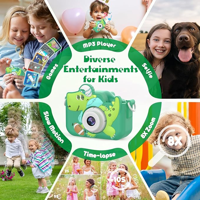 Kids Camera Toys for Kids, Digital Camera for Kids Age 3-8 Toddler Travel Dinosaur Toys, Christmas Birthday Gift for Boys Girls 3 4 5 6 7 8 Year Old, HD 1080P Video Camera, 32G SD Card(Green)