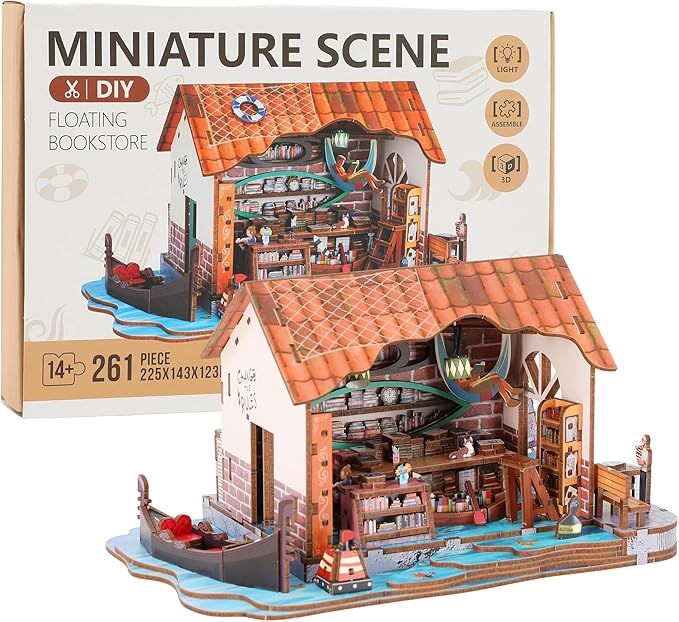 Book Nook Kit - DIY Miniature House Kit for Adults, Dollhouse Booknook Tiny House Bookshelf Decor 3D Wooden Puzzle Street Model, Ideal Gift for Book Lovers, Family, Friends (Floating Bookstore)