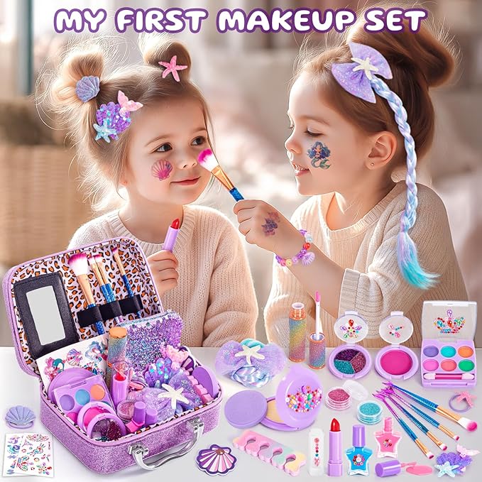 Kids Makeup for Toddlers Toys, Washable Make Up Set Non-Toxic Mermaid Toys for Girls, Kids Hair, Nail Polish, Brushes, Purse Accessories, Princess Christmas Birthday Gift Toys for Girls 3+