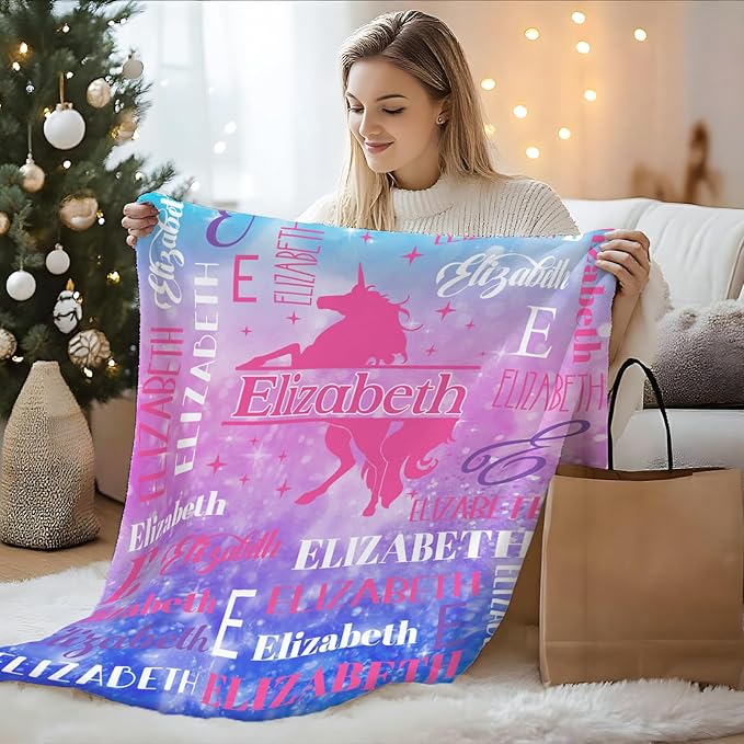 Personalized Unicorn Blankets for Kids Teens Adults, Girls Women Throw Blanket Gifts for Unicorn Lovers, Custom Name Soft Warm Flannel Monogram Blankets Decor for Bed Couch Sofa Home Room